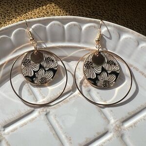 Floral Medallion Drop Hoop Earrings Gold Tone